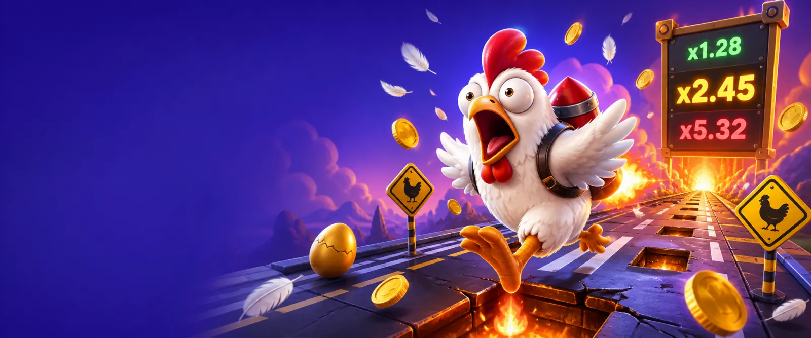 Dynamic promo image for Chicken Road game featuring road lanes, feathers, and arcade energy.